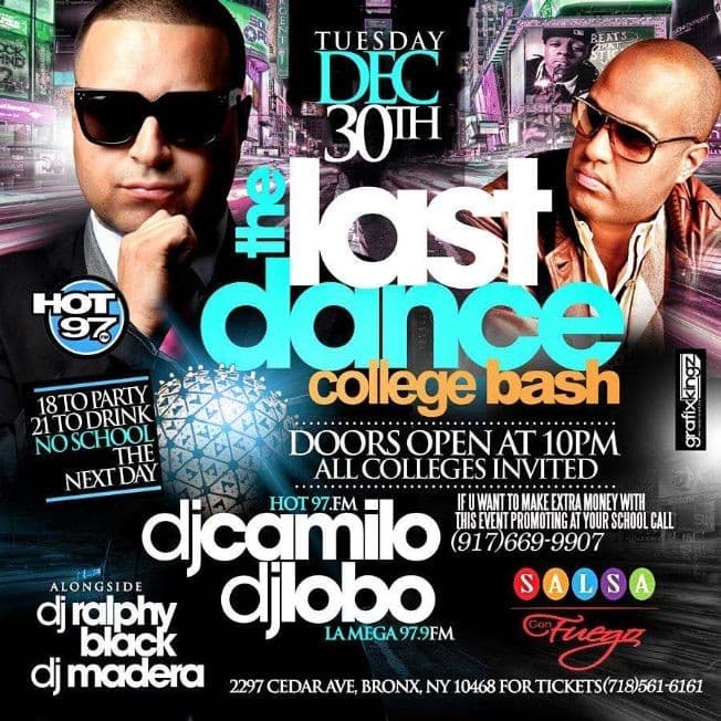 Event - COLLEGE PARTY @ SALSA CON FUEGO BRONX NY DJ CAMILO - Bronx, New York - December 30, 2014 | concert tickets