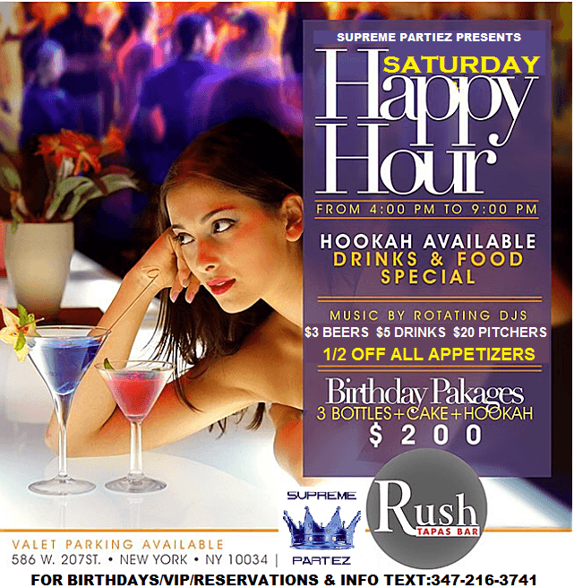 Event - HAPPY HOUR SATURDAYS at RUSH TAPAS BAR DEC 5TH - New York, New York - December 5, 2015 | concert tickets