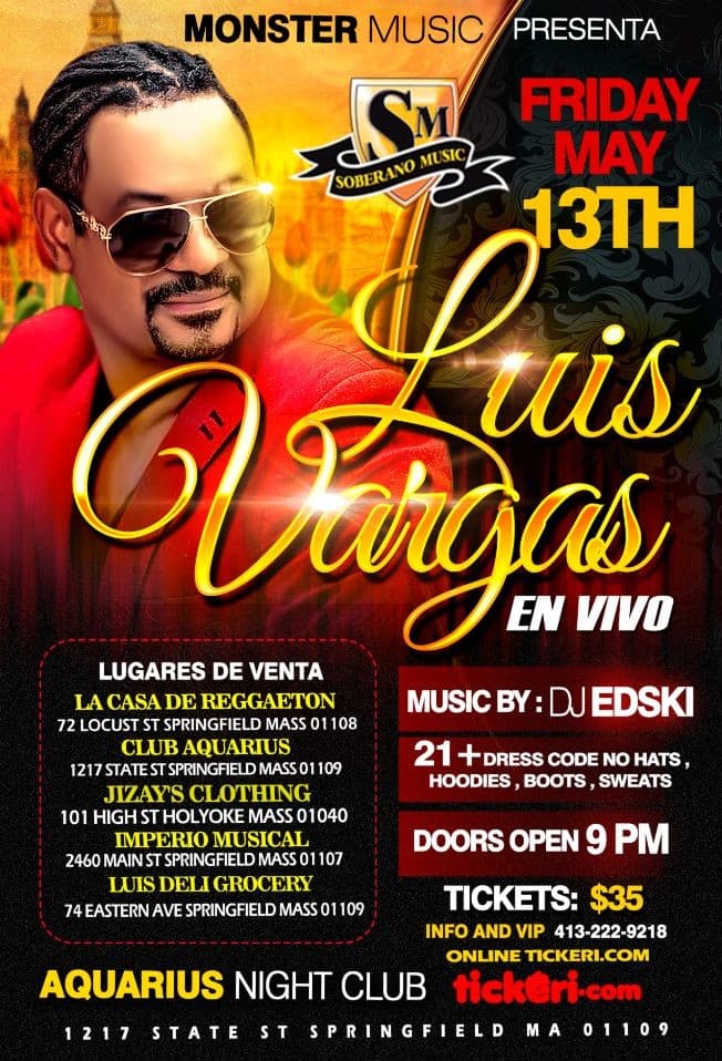 Event - LUIS VARGAS EN VIVO AQUARIUS NIGHT CLUB - Springfield, Massachusetts - May 13, 2016 | concert tickets