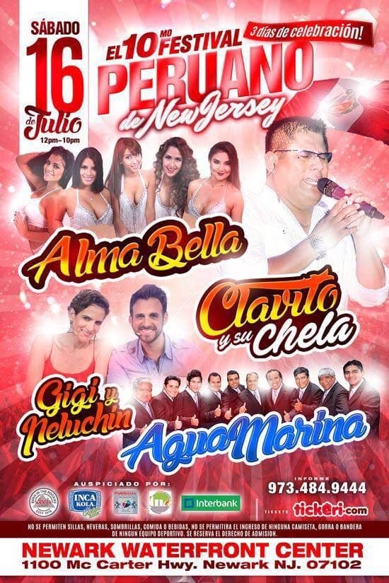 Event - Festival Peruano en New Jersey Sabado con Agua Marina, Gigi y Peluchin, Clavito y su Chela y Alma Bella - Newark, New Jersey - July 16, 2016 | concert tickets