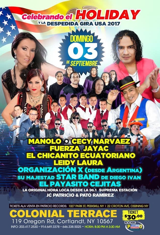 Event - Celebrando el Holiday y la despedida Gira USA   2017 - Manolo, Cecy narvaez, Organizacion X, Fuerza Jayac, Leidy Laura, El Chicanito Ecuatoriano, Star band Y MAS - Cortlandt, New York - September 3, 2017 | concert tickets