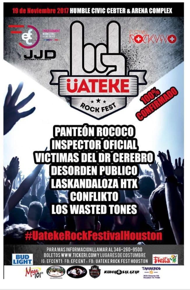 Event - Uateke Rock Fest con Panteon Rococo, Inspector Oficial, Victimas Del Dr. Cerebro, Desorden Publico & Mas-NEW DATE - Humble, Texas - November 19, 2017 | concert tickets