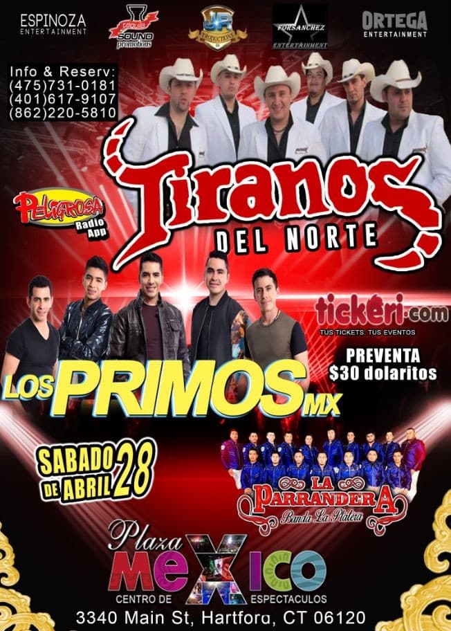 Event - Los Tiranos del Norte, Los Primos MX, Banda La Platera en Hartford,CT - Hartford, Connecticut - April 28, 2018 | concert tickets