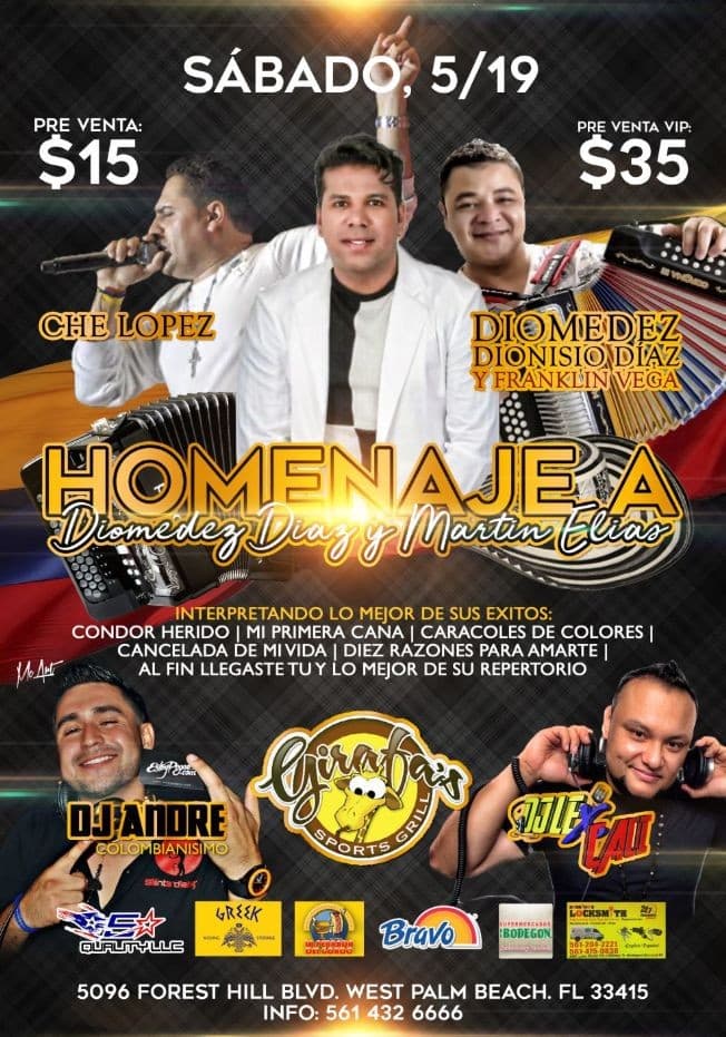 Event - VALLENATO: DIOMEDES DIONISIO DIAZ en CONCIERTO @GIRAFA’S !!! - West Palm Beach, Florida - May 19, 2018 | concert tickets