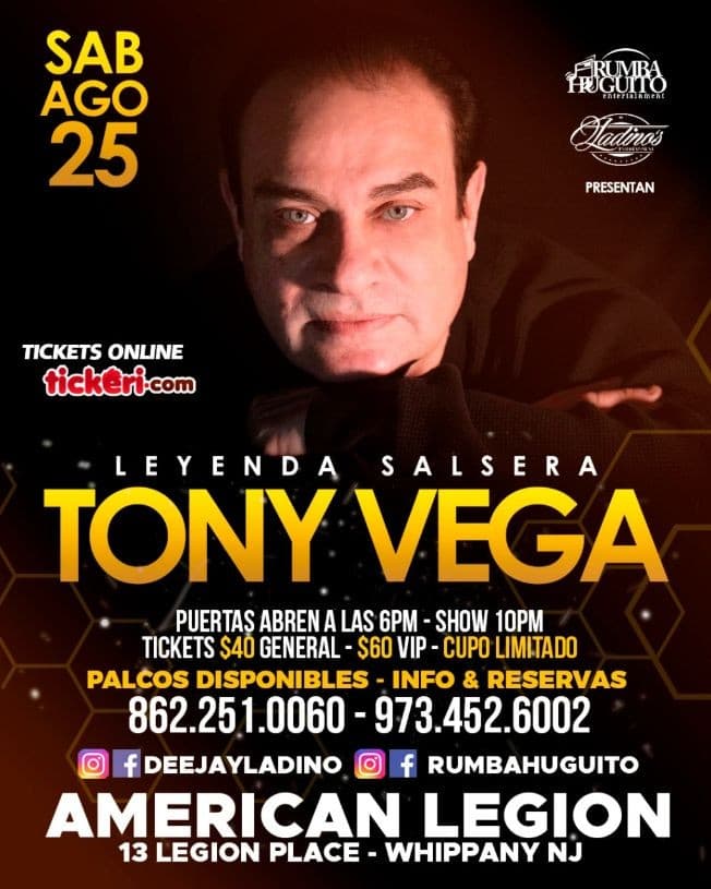 Event - TONY VEGA - Whippany, New Jersey - August 25, 2018 | concert tickets