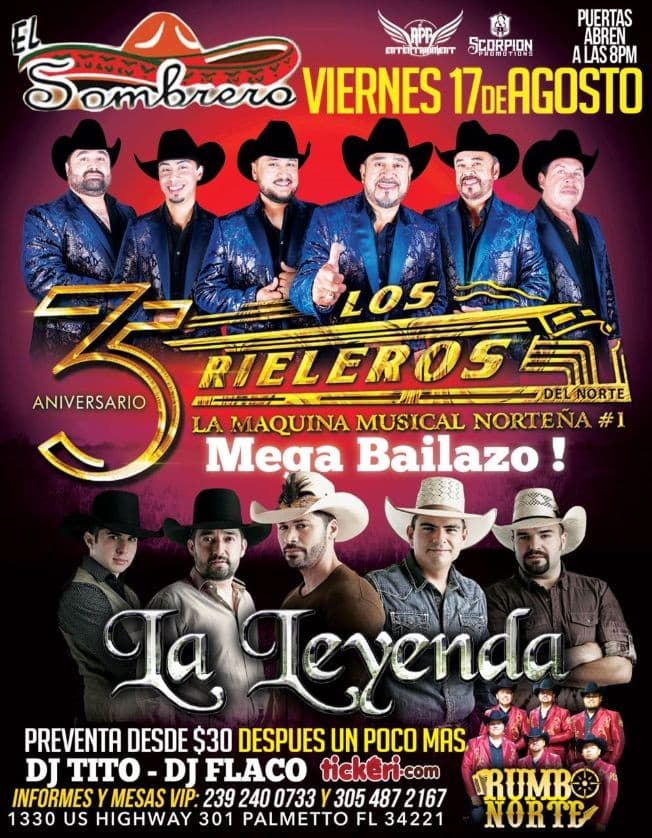 Event - LOS RIELEROS, LA LEYENDA, MEGA BAILAZO EN PALMETO, FL - 301 Palmetto, Florida - August 17, 2018 | concert tickets