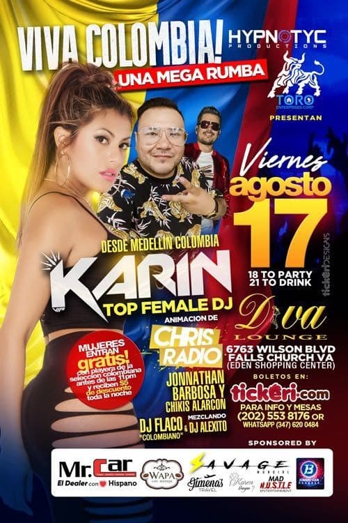 Event - Viva Colombia! featuring Top Female DJ KARIN desde Medellin Colombia @ Diva Lounge - Falls Church, Virginia - August 17, 2018 | concert tickets