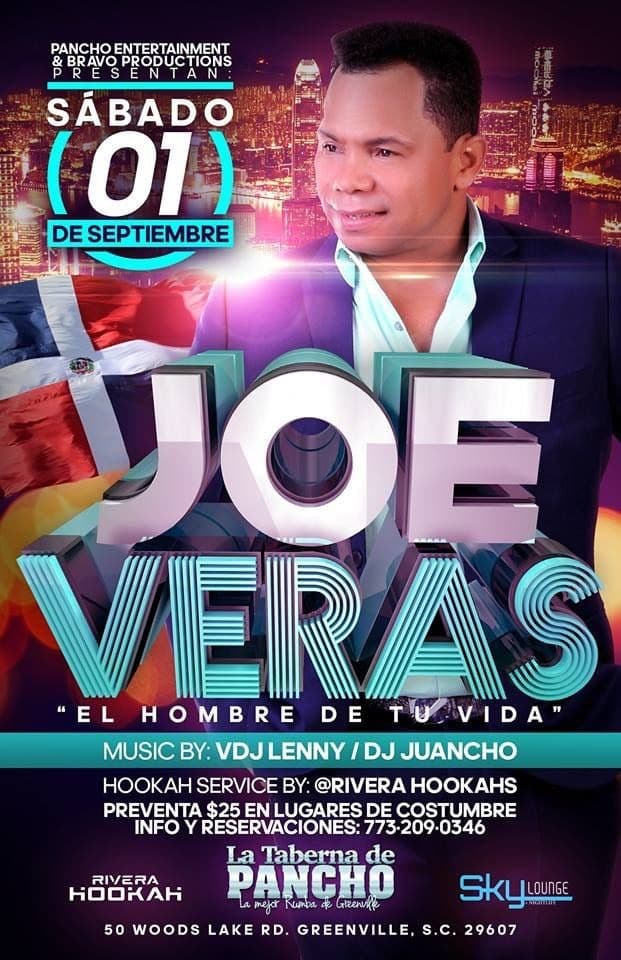 Event - Joe Veras - Sábado 1 de Sept en Panchos - GREENVILE, South Carolina - September 1, 2018 | concert tickets