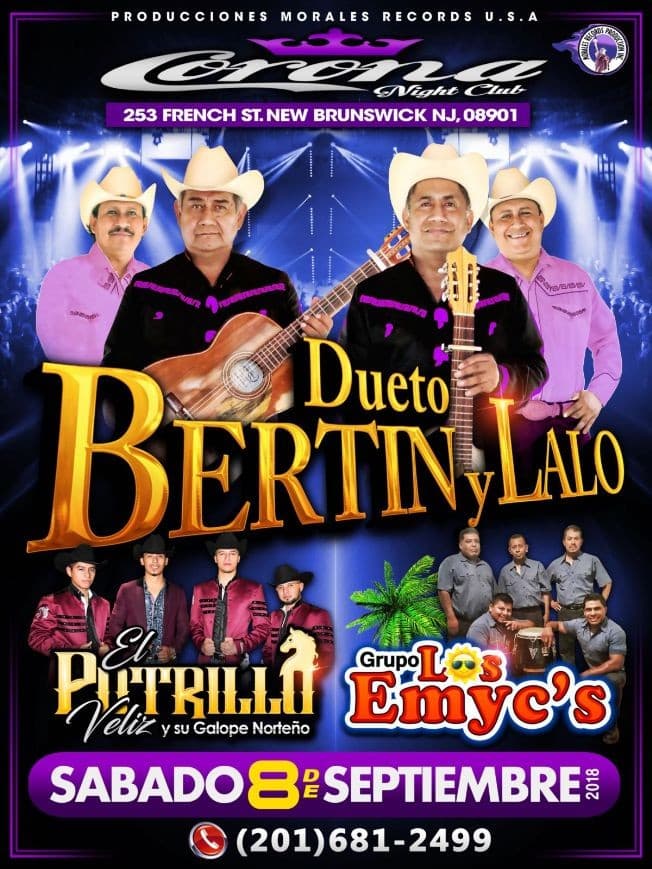 Event - Dueto Bertin y Lalo, El Potrillo Veliz & Grupo Los Emyc's en Brunswick,NJ - New Brunswick, New Jersey - September 8, 2018 | concert tickets