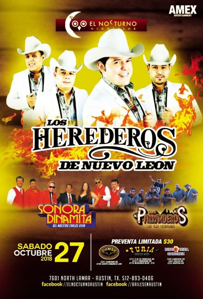 Event - Los Herederos de Nuevo Leon, Sonora Dinamita, y Parranderos de la Kumbia! - Austin, Texas - October 27, 2018 | concert tickets