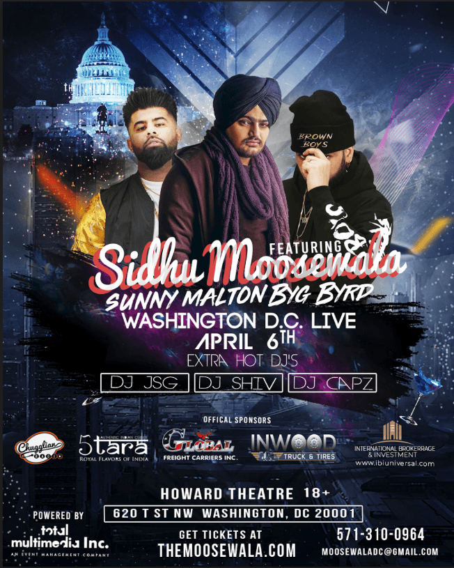 Event - Sidhu Moosewala, Sunny Malton & Byg Byrd Live Bhangra Party Washington,DC - Washington, District Of Columbia - April 6, 2019 | concert tickets