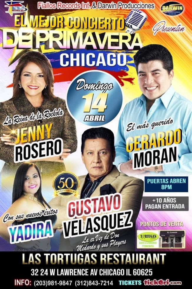 Event - CHICAGO| MEGA COCIERTO DE PRIMAVERA POR PRIMERA VEZ JUNTOS Y EN UNA SOLA TARIMA - GERARDO MORAN - JENNY ROSERO-GUSTAVO VELASQUEZ-YADIRA - CHICAGO, Illinois - April 14, 2019 | concert tickets