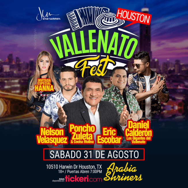 Event - Vallenato Fest Houston con Nelson Velasquez, Poncho Zuleta, Daniel Calderon, Hanna y Eric Escobar - Houston, Texas - August 31, 2019 | concert tickets