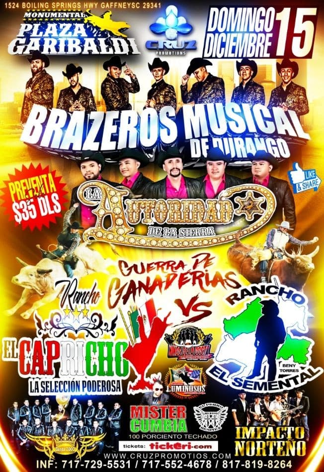 Event - Brazeros Musical de Durango y Autoridad de la Sierra - Gaffney, South Carolina - December 15, 2019 | concert tickets