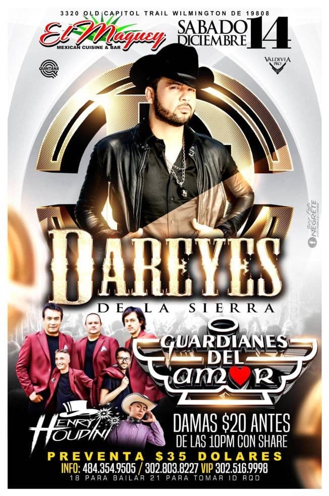 Event - DAREYES DE LA SIERRA Y GUARDIANES DEL AMOR - Wilmington, Delaware - December 14, 2019 | concert tickets