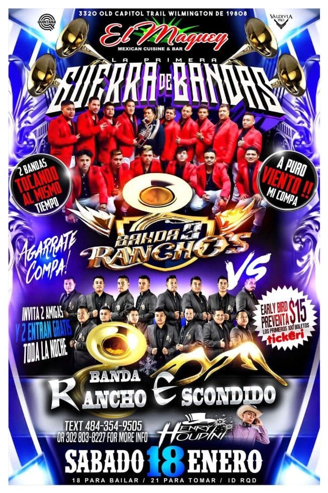 Event - GUERRA DE BANDAS 3 RANCHOS VS RANCHO ESCONDIDO - Wilmington, Delaware - January 18, 2020 | concert tickets