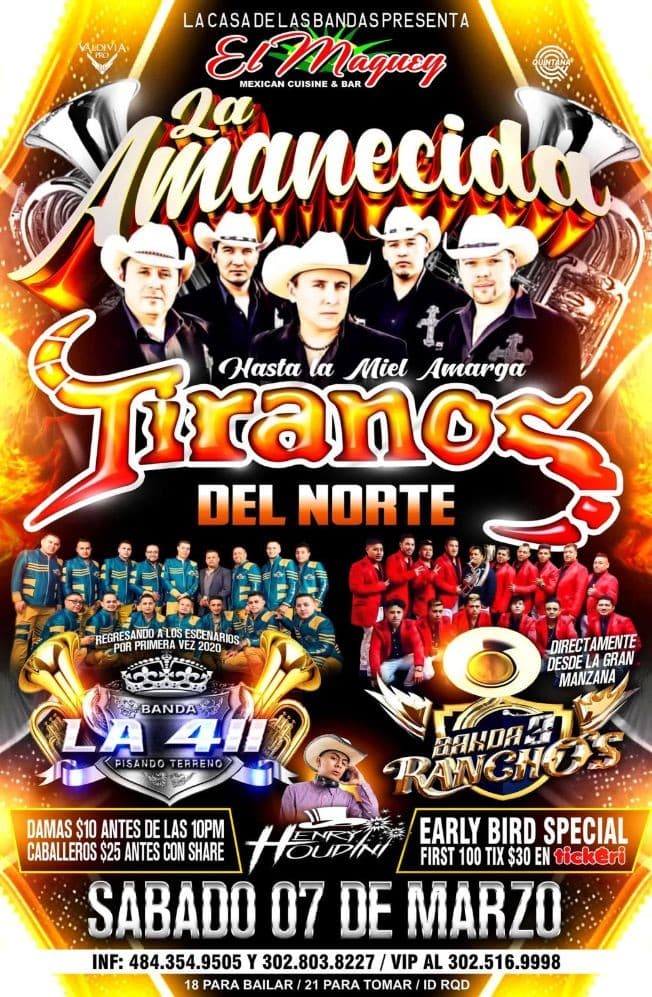 Event - LA AMANECIDA - TIRANOS DEL NORTE, BANDA 411, BANDA 3 RANCHOS - Wilmington, Delaware - March 7, 2020 | concert tickets