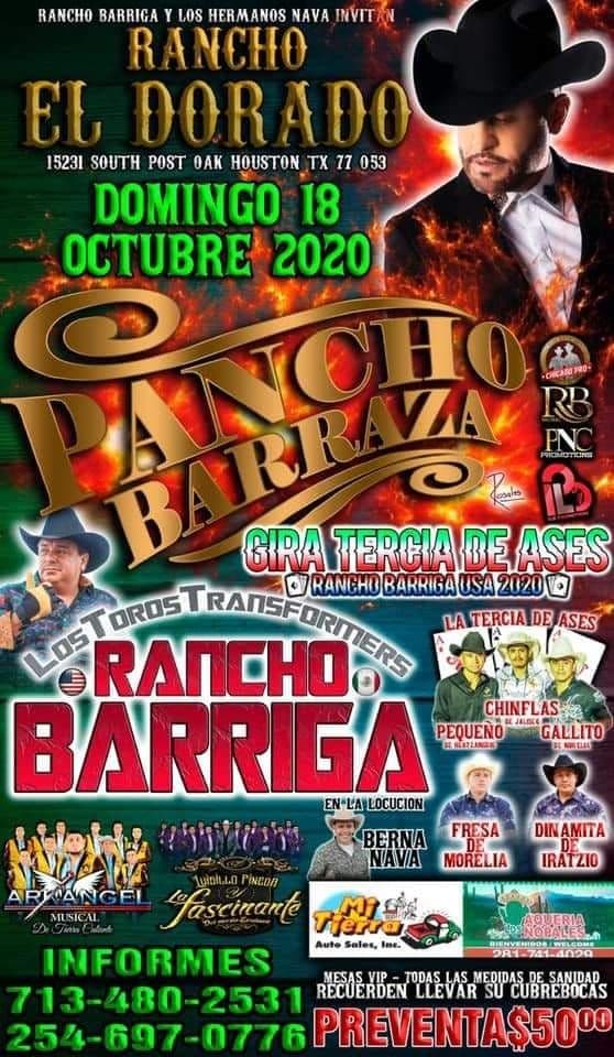 Event - Pancho Barraza, Rancho Barriga, Arkangel Musical y mucho mas! - Houston, Texas - October 18, 2020 | concert tickets