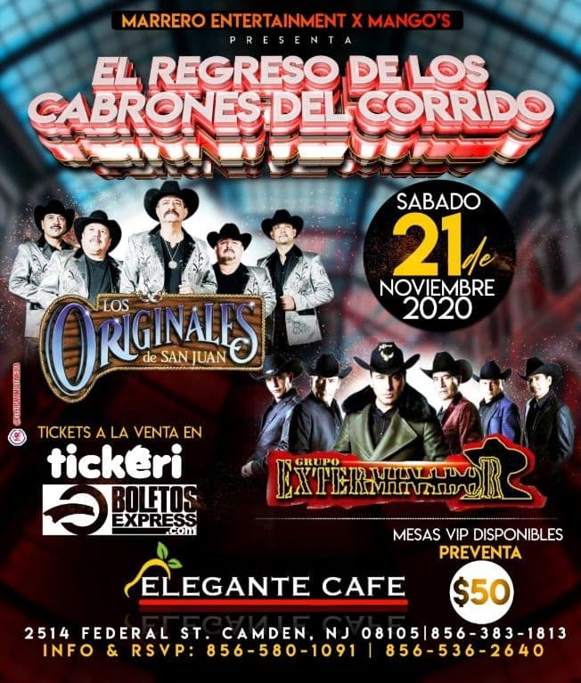 Event - Los Originales de San Juan y Grupo Exterminador en Vivo en Elegante Cafe de Camden! POSTPONED - Camden, New Jersey - November 21, 2020 | concert tickets