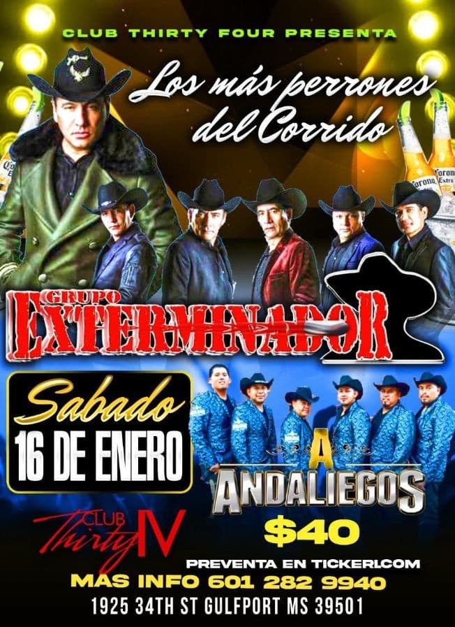 Event - Los mas perrones del Corrido: Grupo Exterminador y Andaliegos en Vivo! - Gulfport, Mississippi - January 16, 2021 | concert tickets