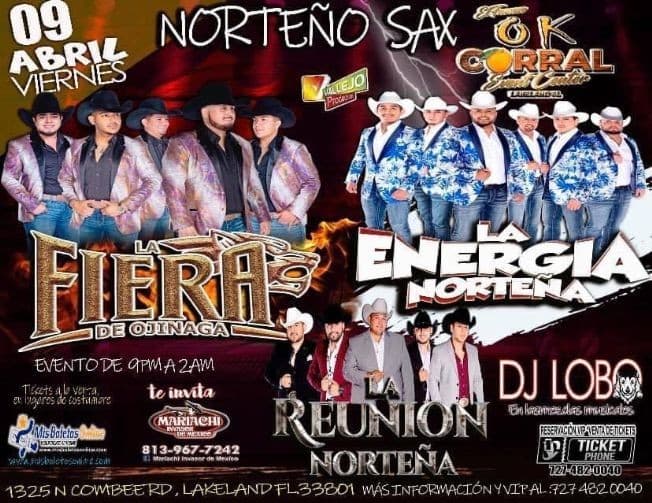 Event - Norteño Sax junto a La Energia Norteña, La Fiera de Ojinaga, La Reunion Norteña - Lakeland, Florida - April 9, 2021 | concert tickets