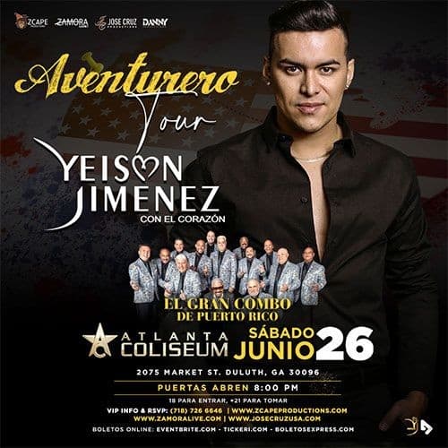 Event - YEISON JIMÉNEZ CON EL GRAN COMBO DE PUERTO RICO “ AVENTURERO TOUR “ ATLANTA - Duluth, Georgia - 26 de junio de 2021 | concert tickets