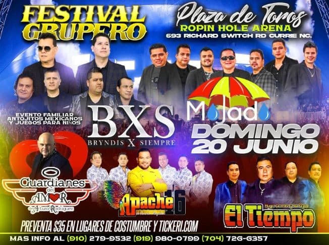 Event - Festival Grupero con BXS, Mojado, Guardianes del Amor, Apache 16 y Hugo Gomez y El Tiempo en Vivo! - Currie, North Carolina - June 20, 2021 | concert tickets