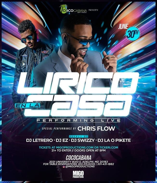 Event - LIRICO EN LA CASA LIVE | EN VIVO AT COCOCABANA - Adelphi, Maryland - June 30, 2021 | concert tickets