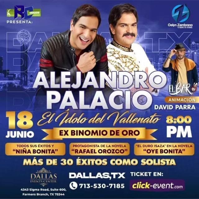 Event - ALEJANDRO PALACIO EX BINOMIO DE ORO - Farmers Branch, Texas - June 18, 2021 | concert tickets