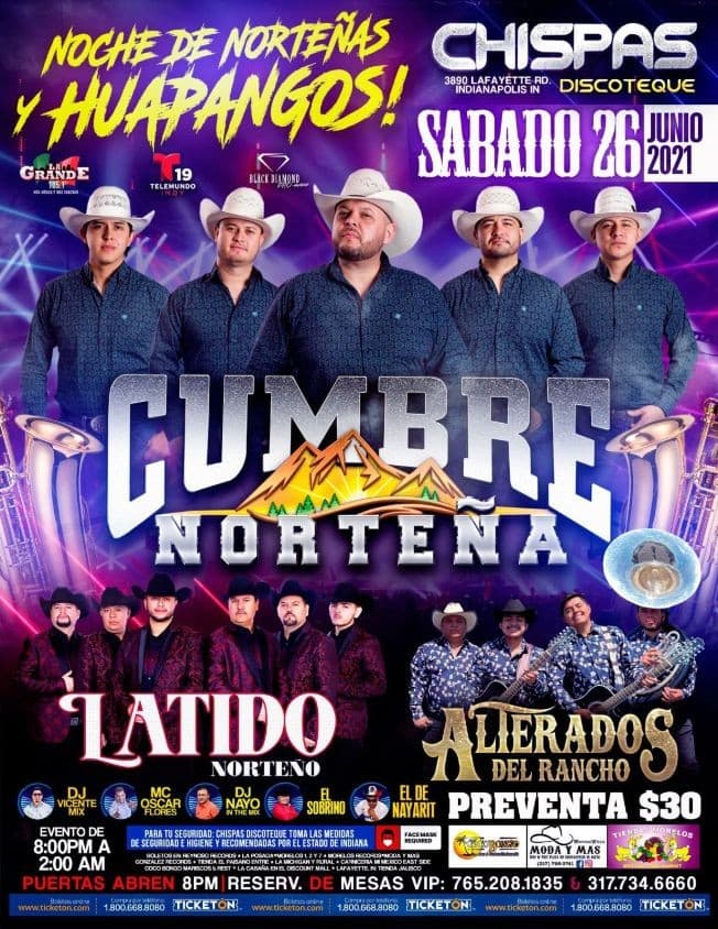 Event - CUMBRE NORTEÑA, LATIDO NORTEÑO, ALTERADOS DEL RANCHO - Indianapolis, Indiana - June 26, 2021 | concert tickets