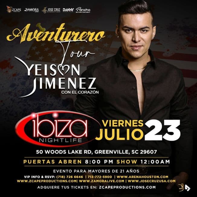 Event - YEISON JIMENEZ “AVENTURERO TOUR” EN GREENVILLE - Greenville, South Carolina - July 23, 2021 | concert tickets