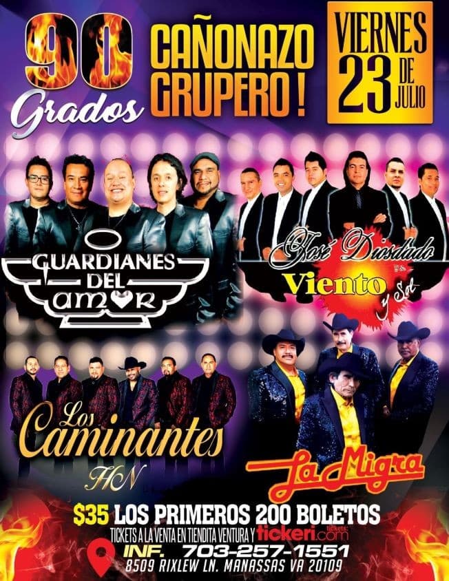 Event - GRUPO GUARDIANES DEL AMOR, JOSE DIOSDADO Y SU VIENTO Y SOL, LOS CAMINANTES HN, LA MIGRA EN CONCIERTO ! MANASSAS VIRGINIA - Manassas, Virginia - July 23, 2021 | concert tickets