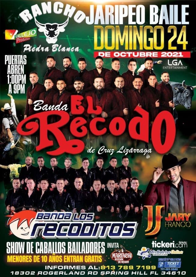 Event - BANDA EL RECODO DE CRUZ LIZARRAGA, BANDA LOS RECODITOS, JARY FRANCO EN VIVO ! SPRING HILL FLORIDA - Spring Hill, Florida - October 24, 2021 | concert tickets