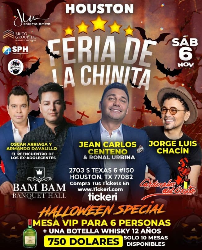 Event - HOUSTON (TEXAS), Celebra la FERIA DE LA CHINITA con OSCAR ARRIAGA Y ARMANDO DAVALILLO (EX-ADOLECENTES), JEAN CARLOS CENTENO & RONAL URBINA, CARDENALES DEL ÉXITO y JORGE LUIS CHACIN EN VIVO! - Houston, Texas - November 6, 2021 | concert tickets