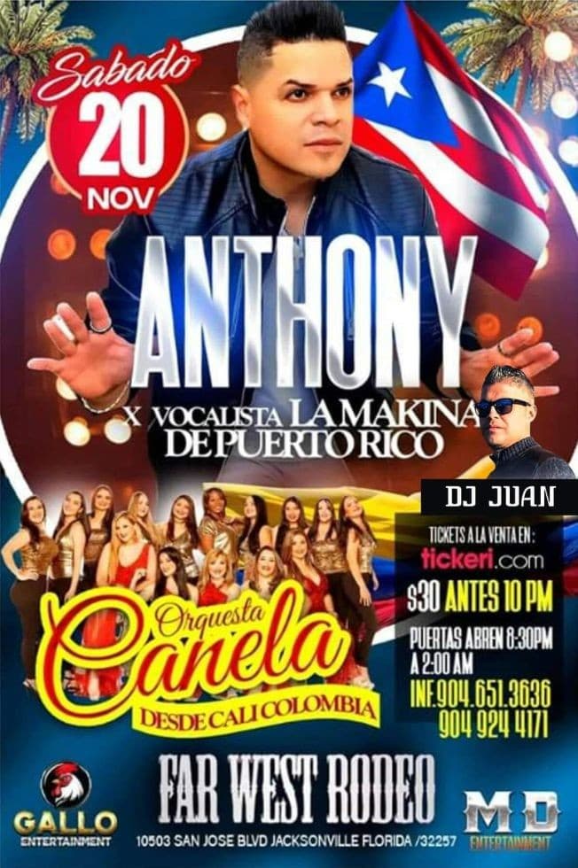 Event - ANTHONY " EX VOCALISTA LA MAKINA DE PUERTO RICO ", ORQUESTA CANELA " DESDE CALI COLOMBIA " EN VIVO ! JACKSONVILLE FLORIDA - Jacksonville, Florida - November 20, 2021 | concert tickets