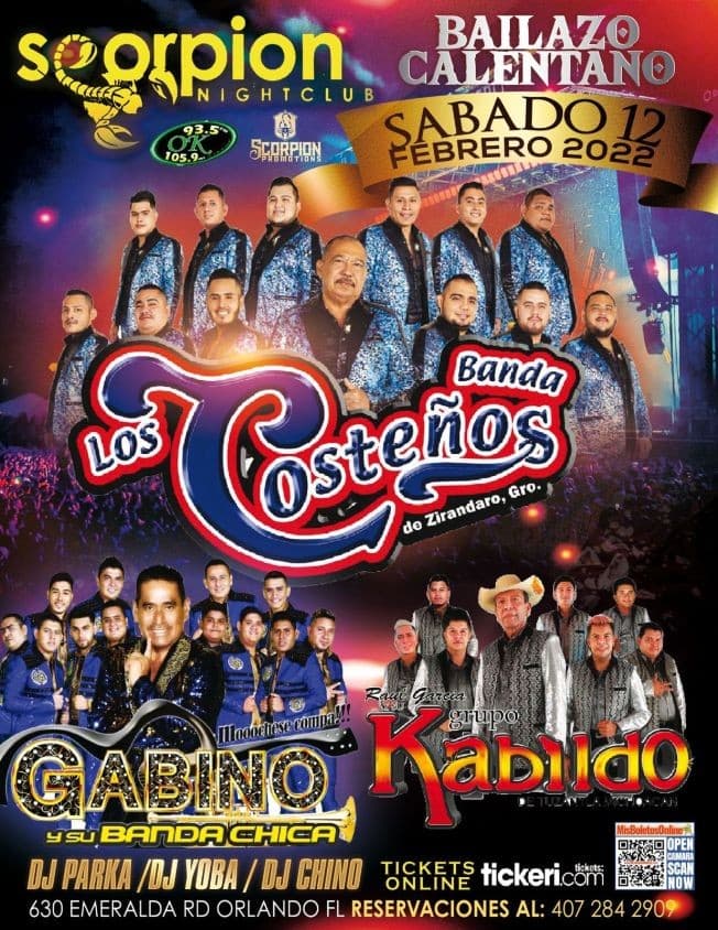 Event - BANDA LOS COSTEÑOS DE ZIRANDARO GRO, GRUPO KABILDO, GABINO Y SU BANDA CHICA EN VIVO ! ORLANDO FLORIDA - Orlando, Florida - February 12, 2022 | concert tickets