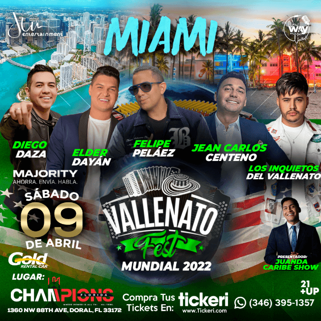 Event - VALLENATO FEST MUNDIAL 2022 , FELIPE PELAEZ, JEAN CARLOS CENTENO, ELDER DAYAN, DIEGO DAZA, LOS INQUIETOS DEL VALLENATO - Doral, Florida - April 9, 2022 | concert tickets