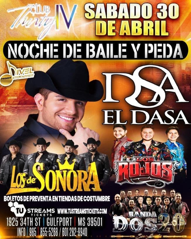 Event - EL DASA, LOS DE SONORA, LOS ROJOS, BANDA DOS 20 EN VIVO ! GULFPORT MISSISSIPPI - Gulfport, Mississippi - April 30, 2022 | concert tickets