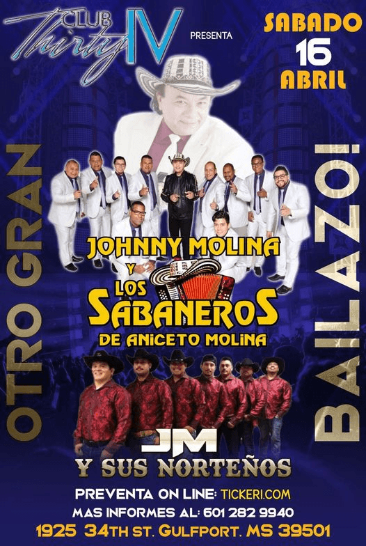 Event - JOHNNY MOLINA Y LOS SABANEROS DE ANICETO MOLINA, JM Y SUS NORTEÑOS EN VIVO ! GULPORT MISSISSIPPI - Gulfport, Mississippi - April 16, 2022 | concert tickets