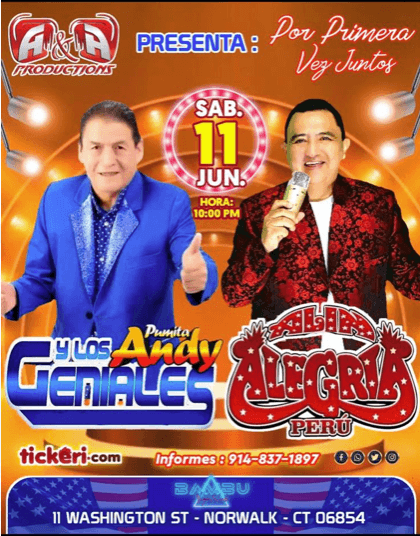 Event - EL PUMITA ANDY Y LOS GENIALES , ALIN ALEGRIA PERU EN VIVO ! NORWALK CONNECTICUT - Norwalk, Connecticut - June 11, 2022 | concert tickets