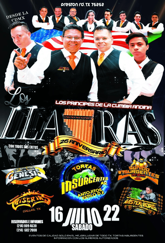 Event - LOS PRINCIPES DE LA CUMBIA ANDINA - LOS LLAYRAS EN VIVO ! DALLAS TEXAS - Dallas,, Texas - July 16, 2022 | concert tickets