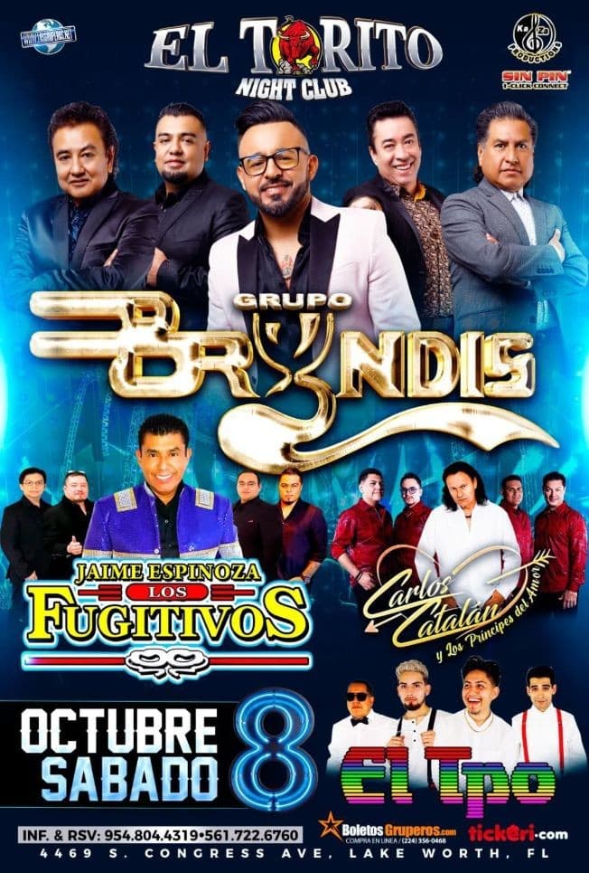 Event - GRUPO BRYNDIS , LOS FUGITIVOS , CARLOS CATALAN Y LOS PRINCIPES DEL AMOR EN VIVO ! LAKE WORTH FLORIDA ***CANCELLEd - Lake Worth, Florida - October 8, 2022 | concert tickets