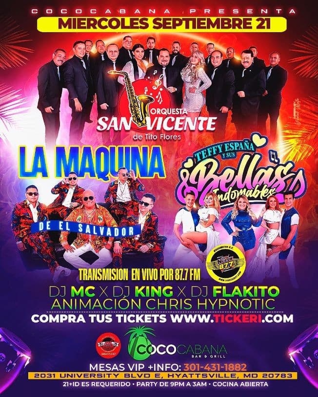 Event - ORQUESTA SAN VICENTE DE TITO FLORES , LA MAQUINA DE EL SALVADOR , TEFFY ESPAÑA Y SUS BELLAS INDOMABLES EN VIVO ! ADELPHI MARYLAND - Adelphi, Maryland - September 21, 2022 | concert tickets