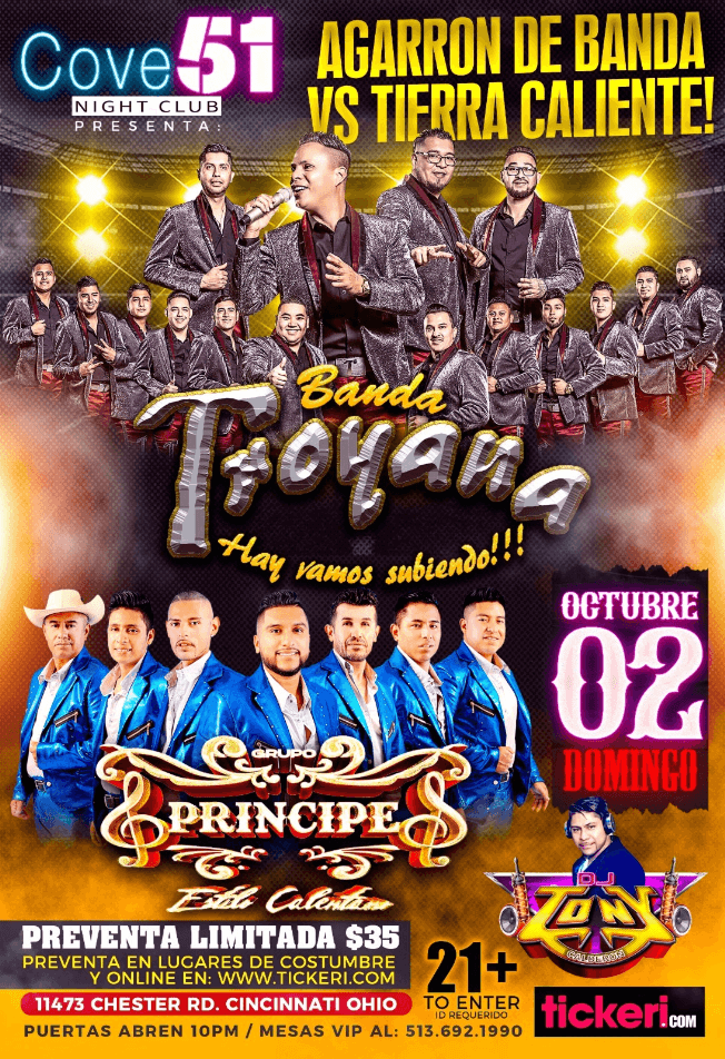 Event - BANDA TROYANA HAY VAMOS SUBIENDO , GRUPO PRINCIPE ESTILO CALENTANO EN VIVO! CINCINNATI OHIO - Cincinnati, Ohio - October 2, 2022 | concert tickets