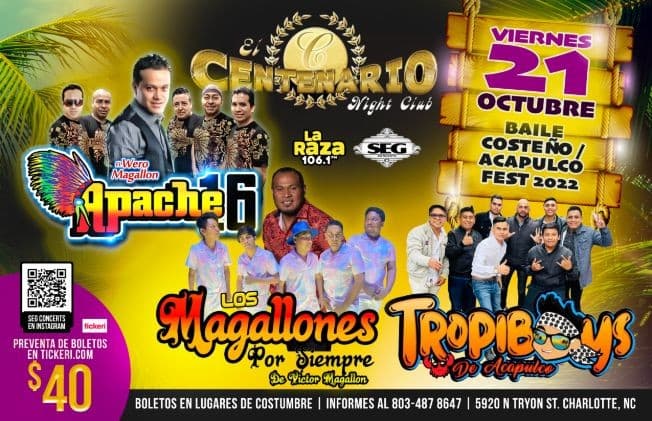 Event - Baile Costeño - Apache 16 - Magallones por Siempre - Tropiboys de Acapulco - Charlotte, North Carolina - 21 de octubre de 2022 | concert tickets