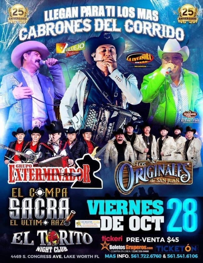 Event - GRUPO EXTERMINADOR , LOS ORIGINALES DE SAN JUAN, EL COMPA SACRA EN VIVO! LAKE WORTH FLORIDA - Lake Worth, Florida - October 28, 2022 | concert tickets