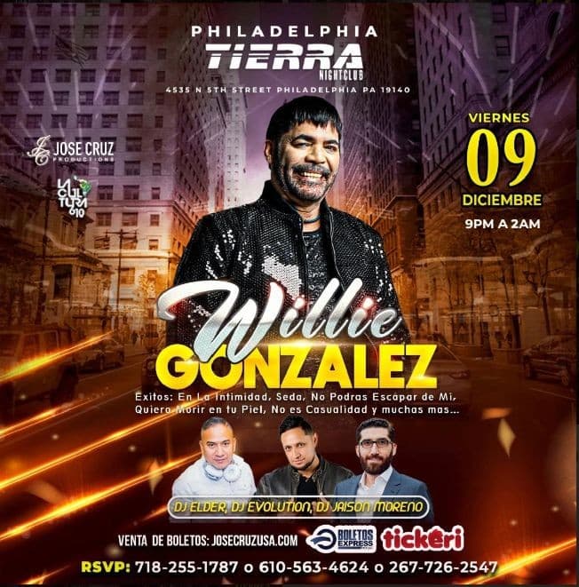 Event - 12-09-2022 WILLIE GONZALEZ EN CONCIERTO PHILADELPHIA PENNSYLVANIA JCP - North Bergen, New Jersey - December 9, 2022 | concert tickets