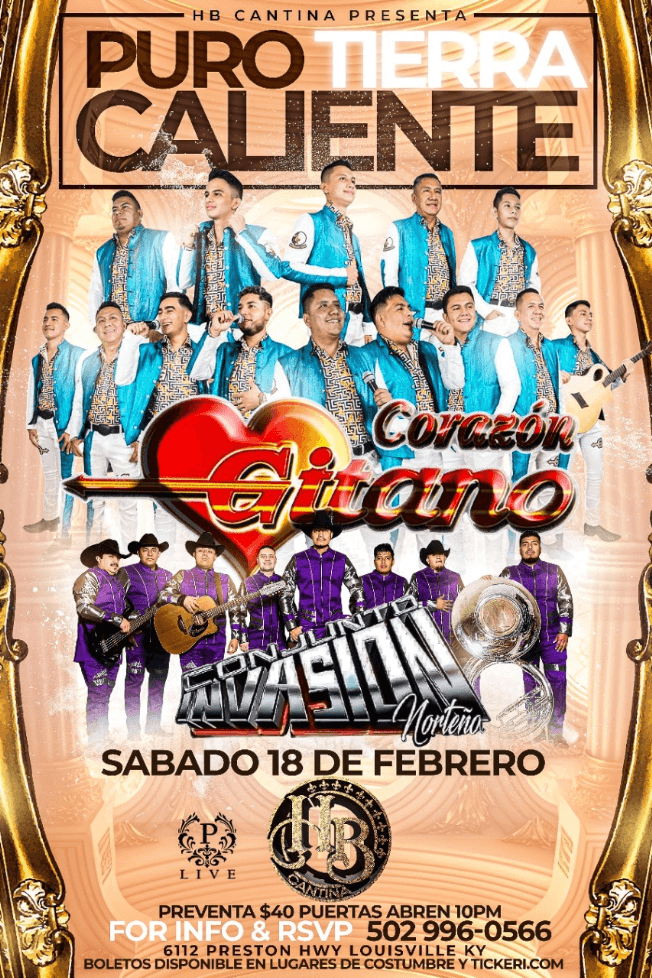 Event - CORAZON GITANO Y CONJUNTO INVASION NORTEÑA EN VIVO ! LOUISVILLE KENTUCKY - Louisville, Kentucky - February 18, 2023 | concert tickets