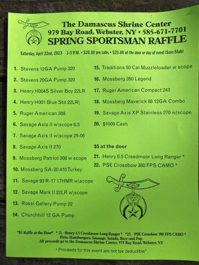 Event - Shriners Spring Sportsman Raffle 2023 - Webster, New York - April 22, 2023 | concert tickets