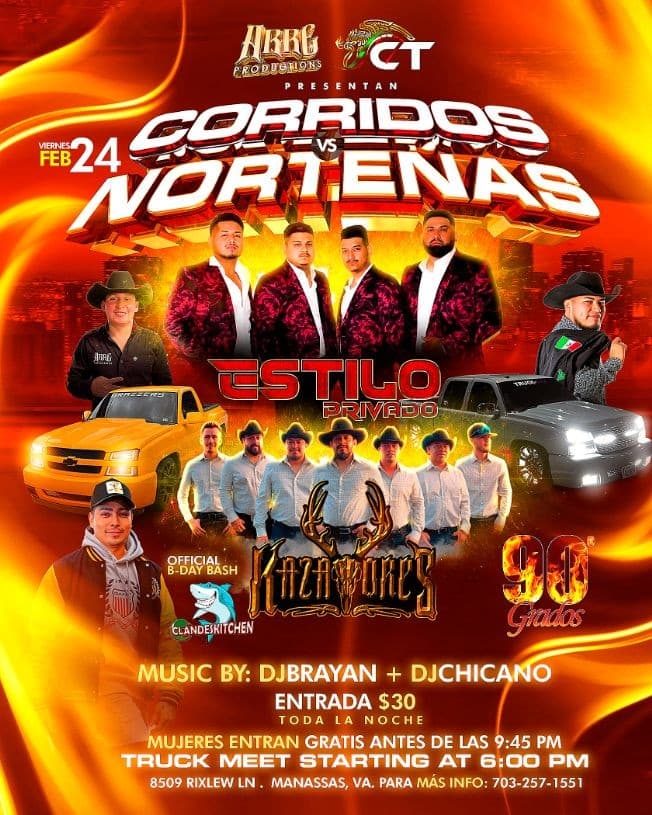 Event - Corridos vs Norteñas - Estilo Privado & Kazadores En Vivo!!! @ 90 Grados Nightclub, Manassas, VA - Manassas, Virginia - February 24, 2023 | concert tickets